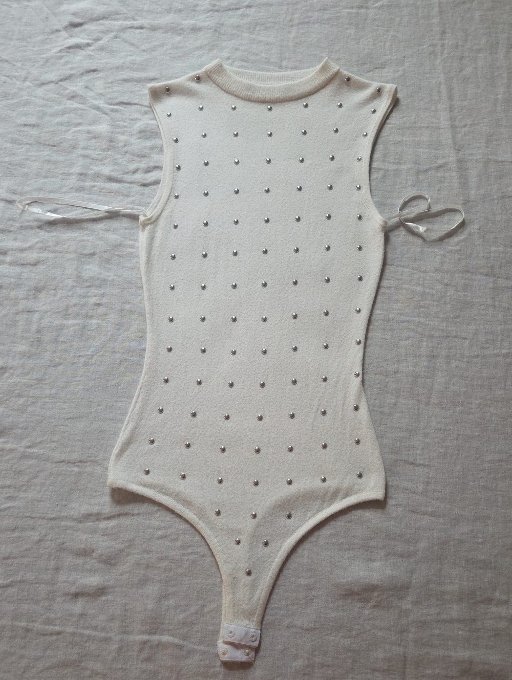 Ronny Kobo Ivory Knit Studded Sleeveless Bodysuit | Embellished Top S